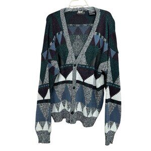 Vintage 90s Sweater Cardigan Geometric Print Leather Patchwork Sz L Knit Grandpa